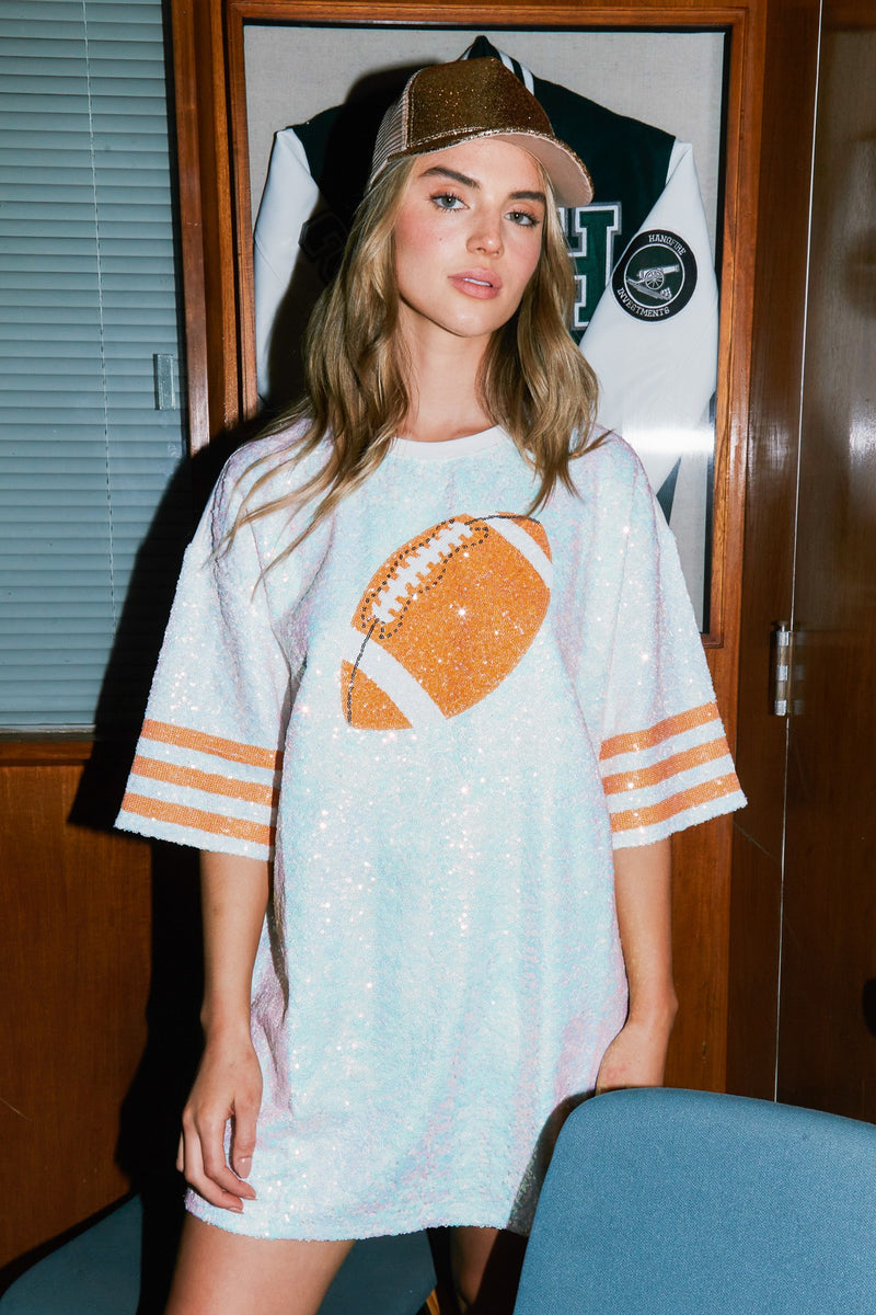 Go Team Football Sequin Top - Orange/White