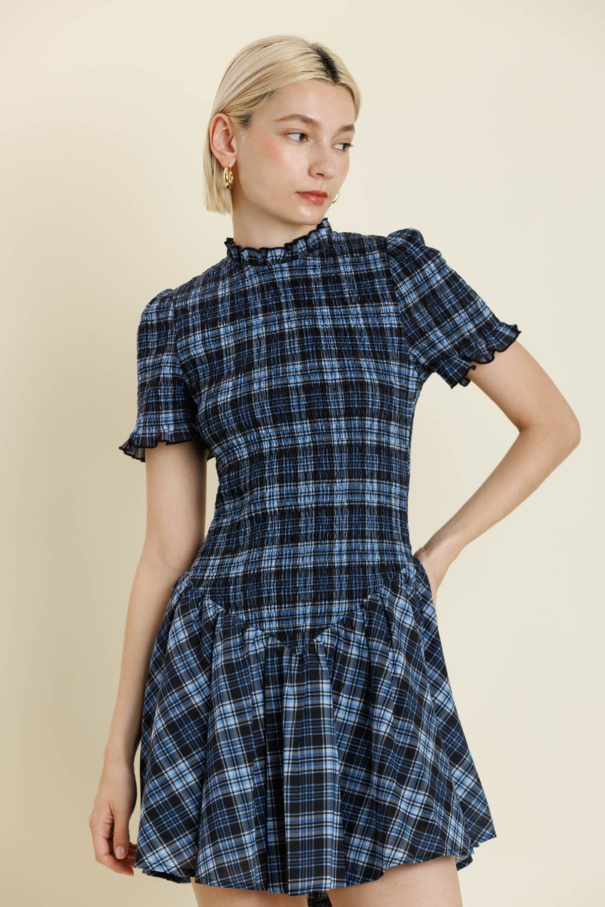 Midnight Plaid Smocked Mini Dress
