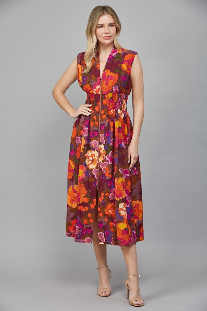 Vivid Bloom Zip Midi Dress