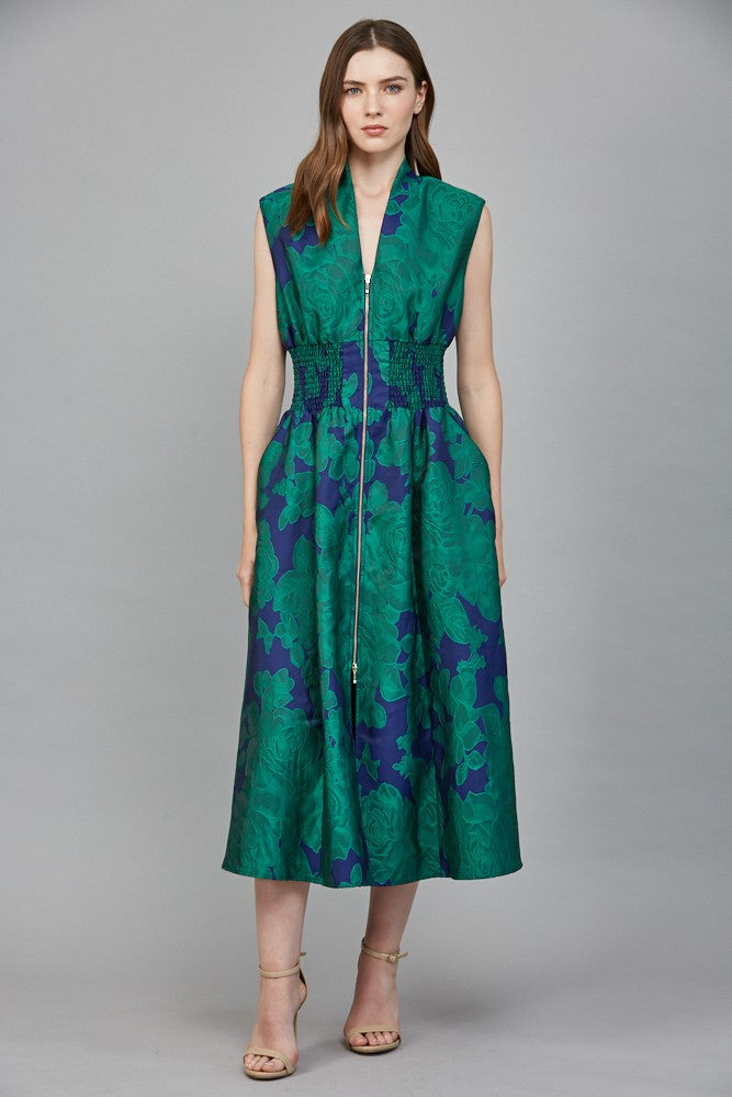 Bold Bloom Jacquard Zip Midi Dress