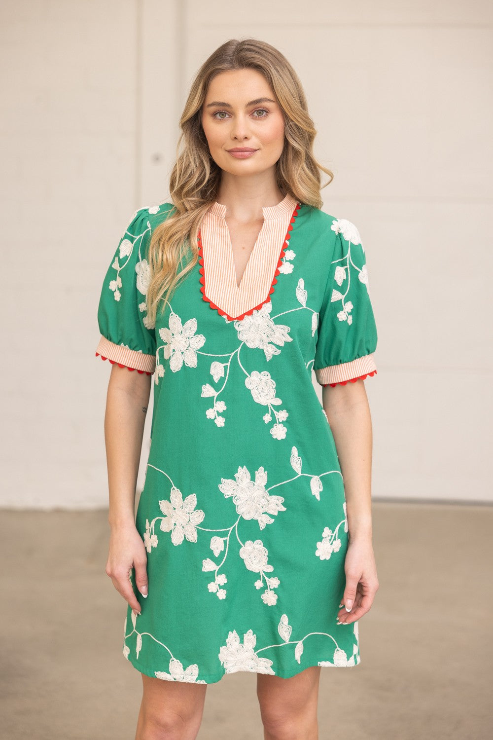 floral stripe mini dress Coastal Stripe Scallop Floral Embroidered Puff Sleeve Mini Dress – Bliss