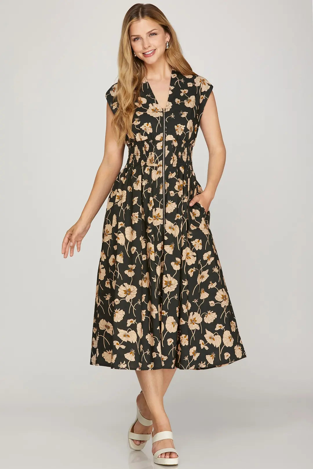 Autumn Bloom Floral Zip Midi Dress