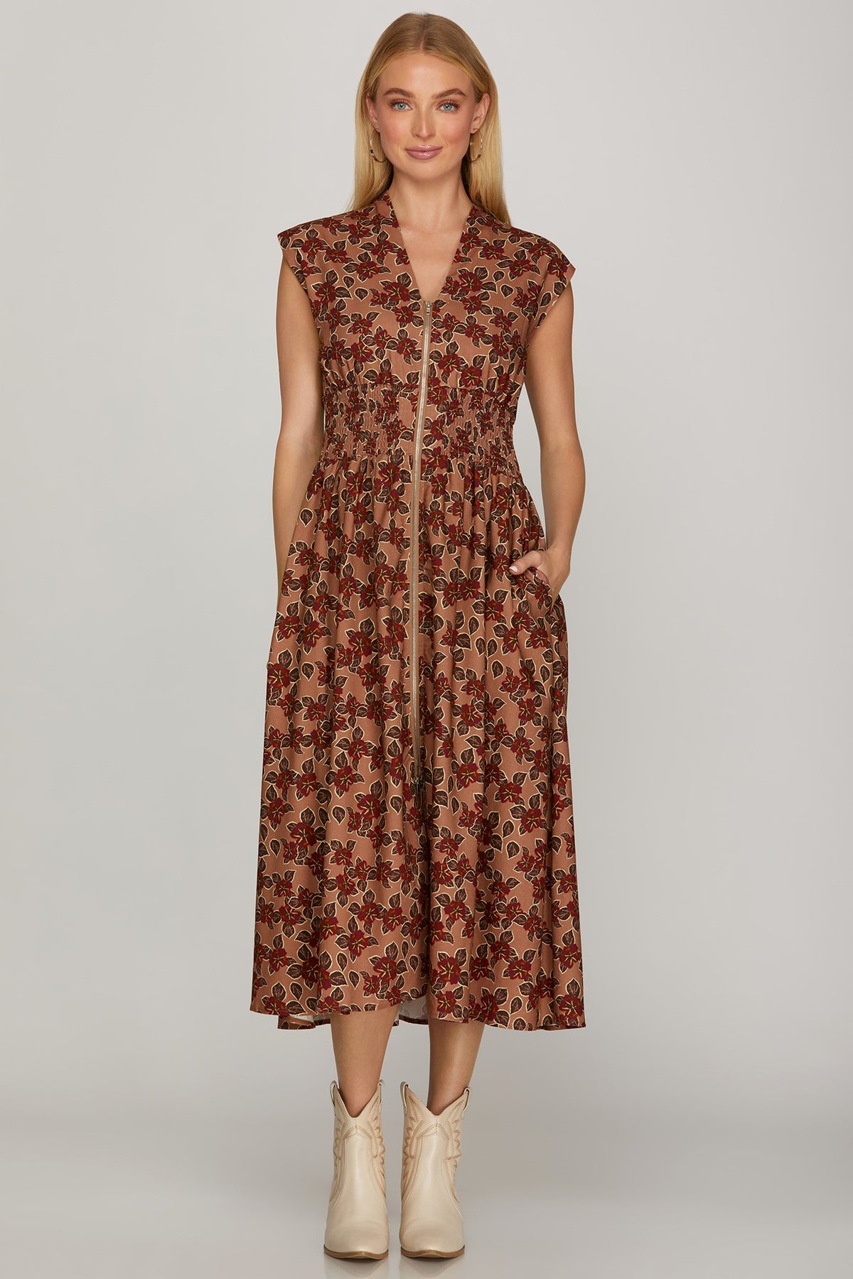 Autumn Stroll Smocked Zip Midi Dress