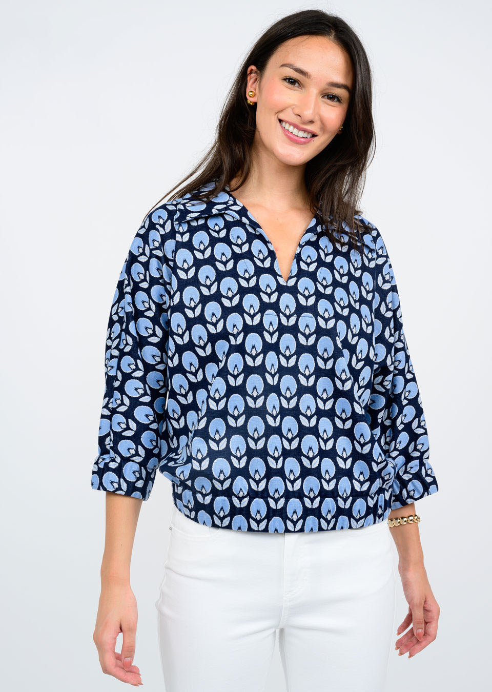 Ivy Jane 3/4 Sleeve Collared Top in tulip print