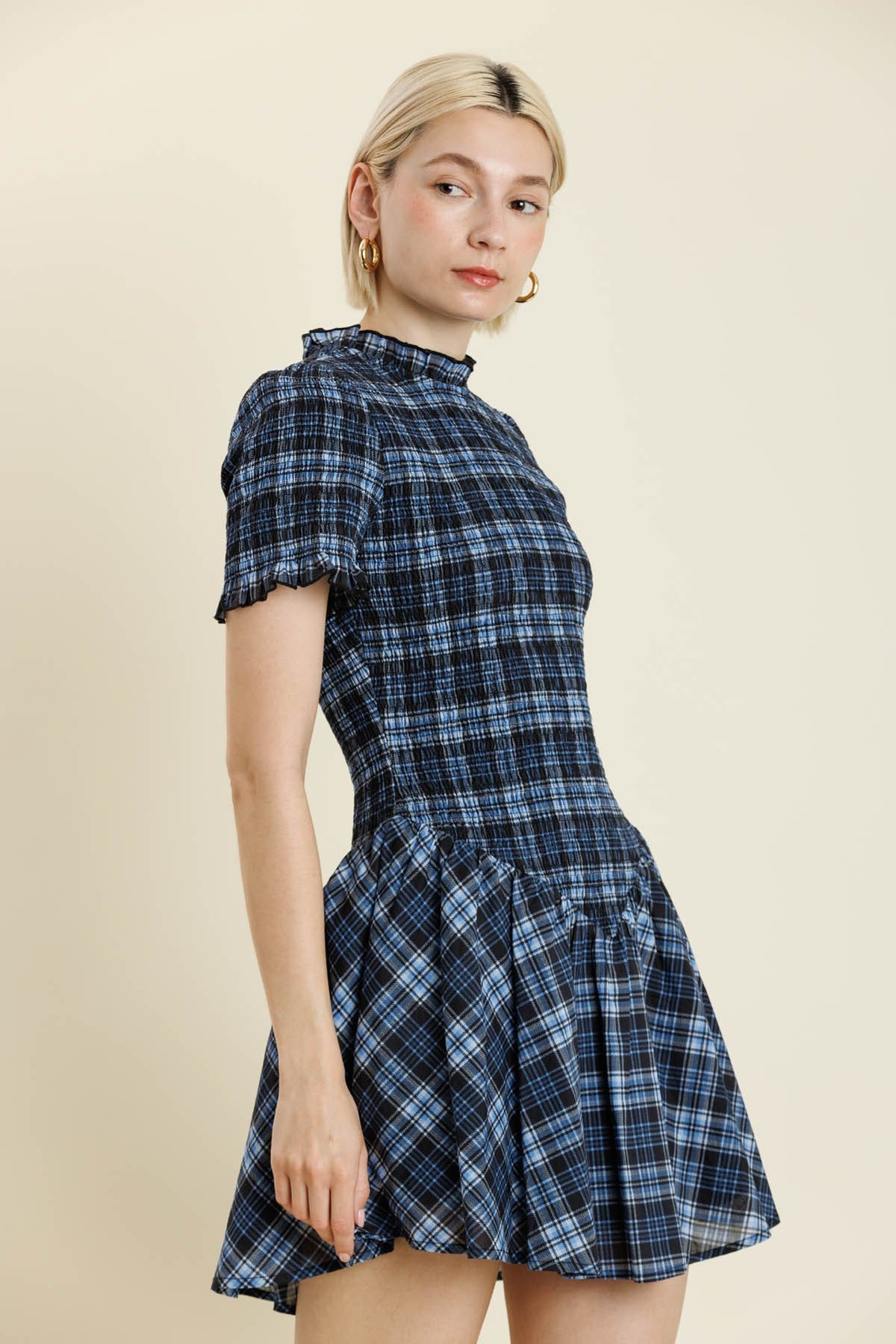 Midnight Plaid Smocked Mini Dress