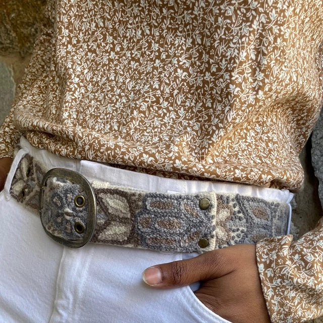 jenny krauss monochromatic embroidered wool belt on model 