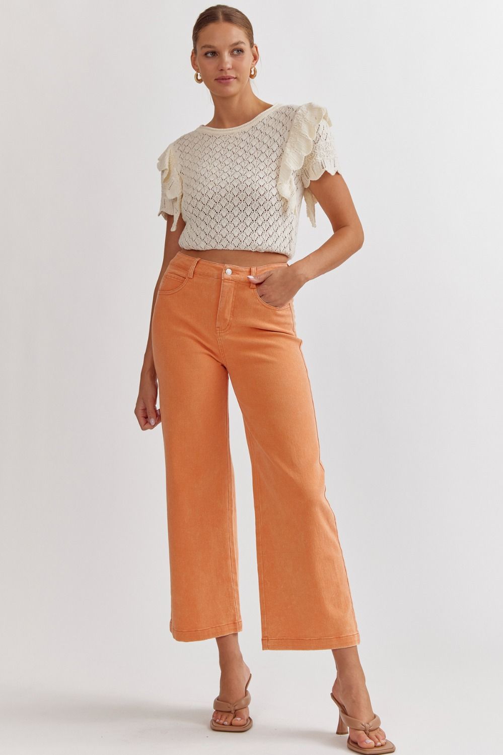 acid wash high waisted wide leg pants in tennessee orange-front view