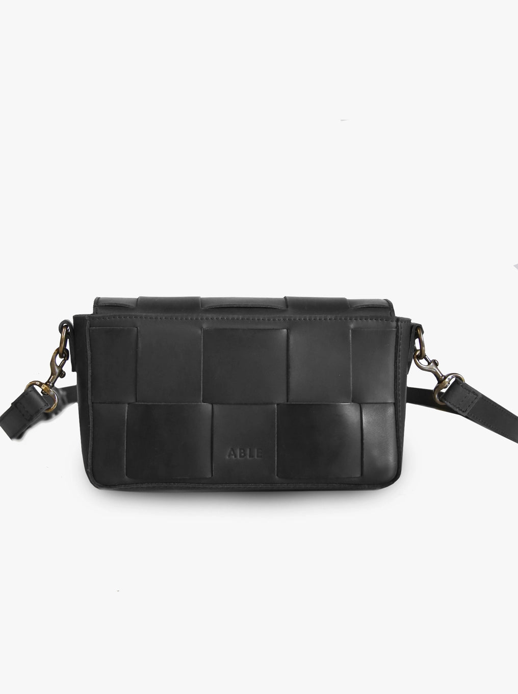 ABLE Mini Flap Woven Leather Crossbody Bag Black