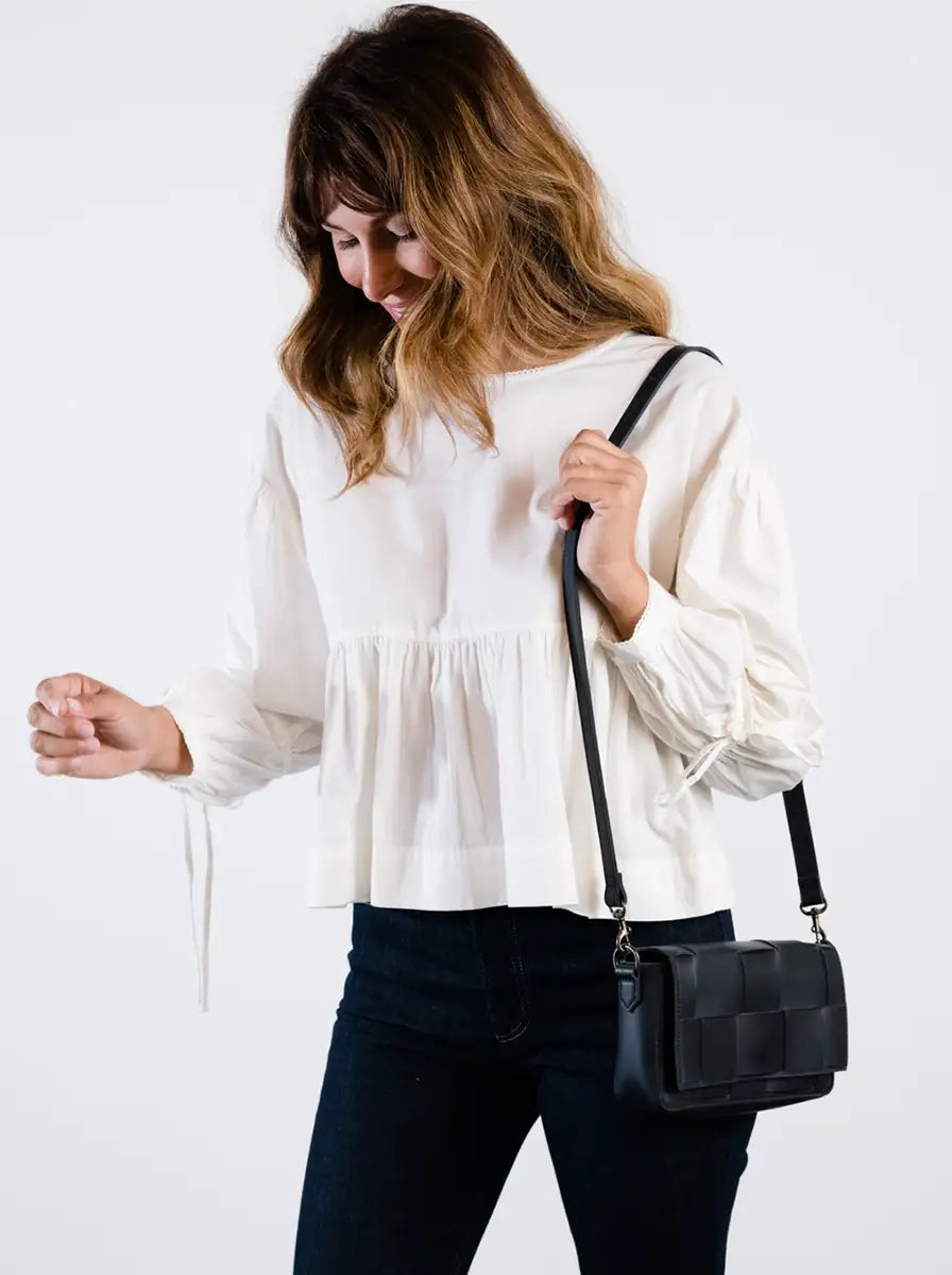 ABLE Mini Flap Woven Leather Crossbody Bag Black