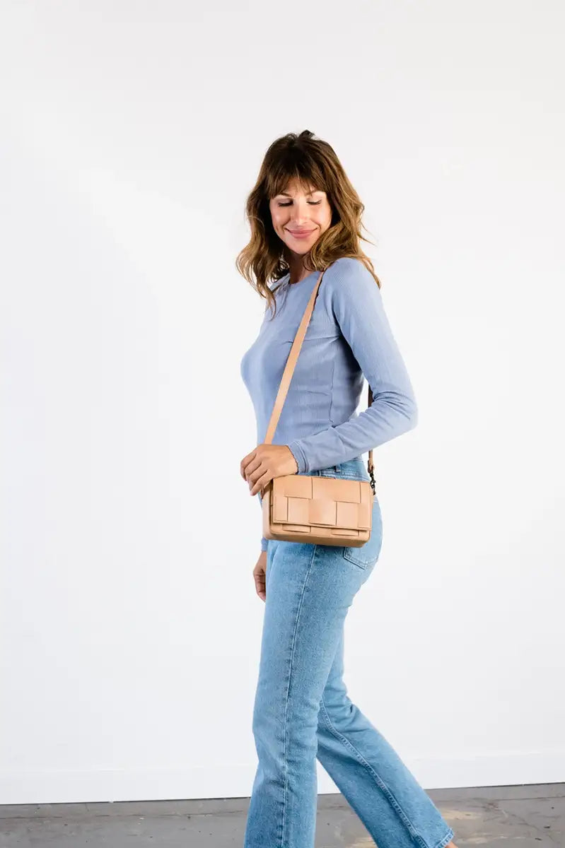 ABLE Mini Flap Woven Leather Crossbody Bag Mojave
