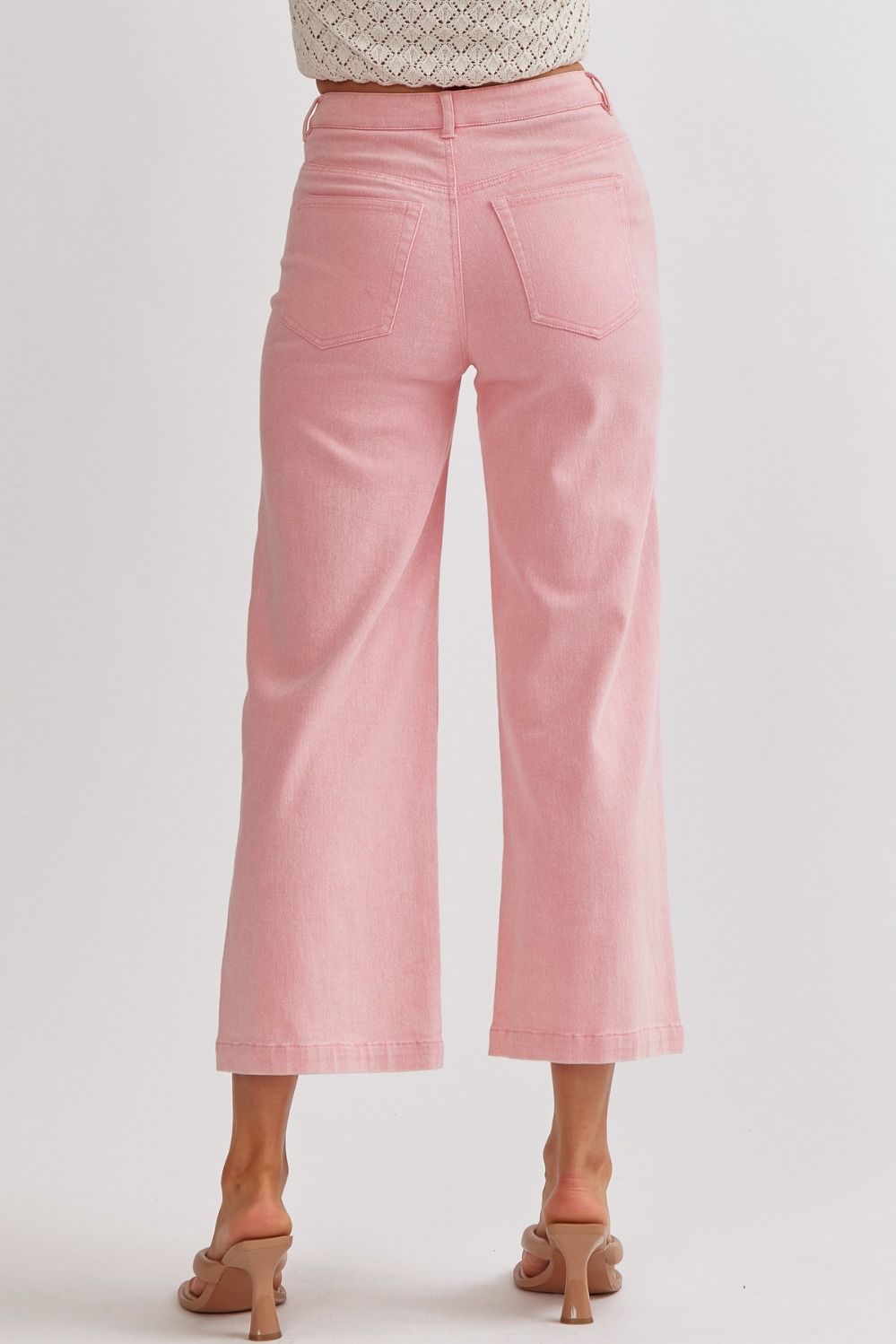 acid wash high waisted wide leg pants in pink-back view