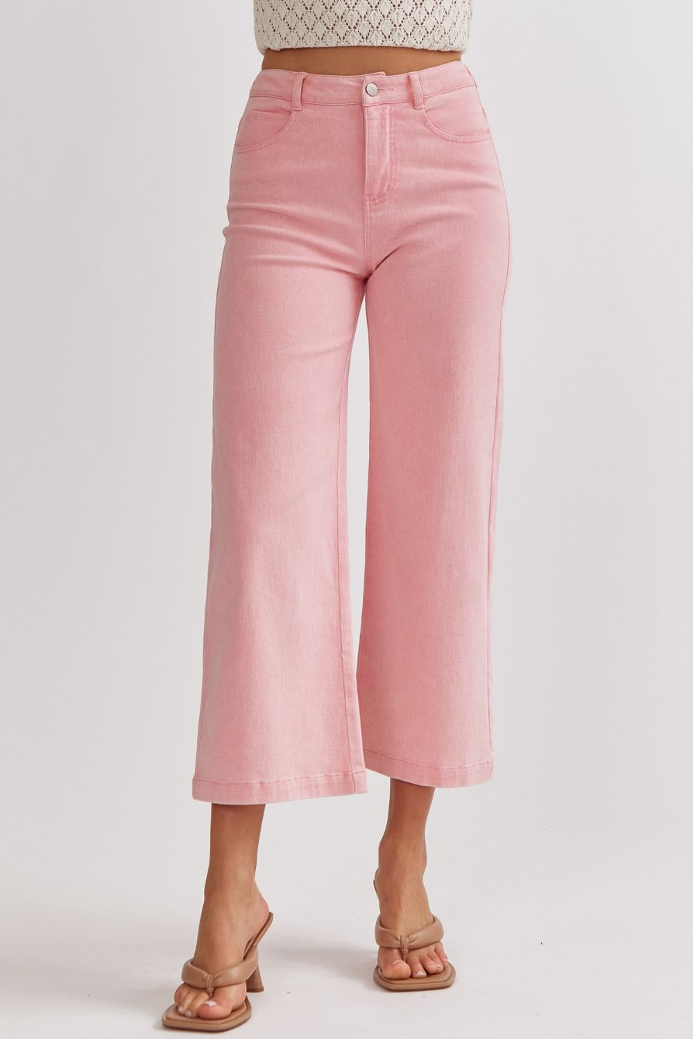 acid wash high waisted wide leg pants in pink-front view