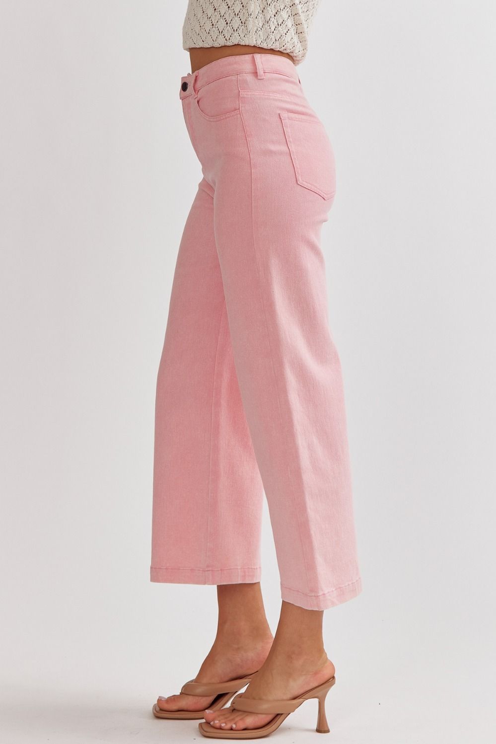 acid wash high waisted wide leg pants in pink-side view