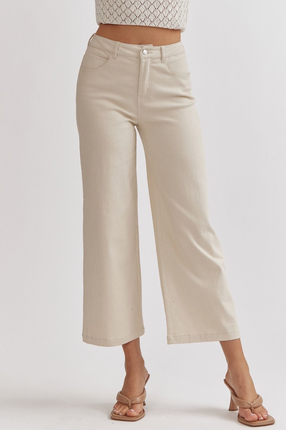 acid wash high waisted wide leg pants in sand-front view