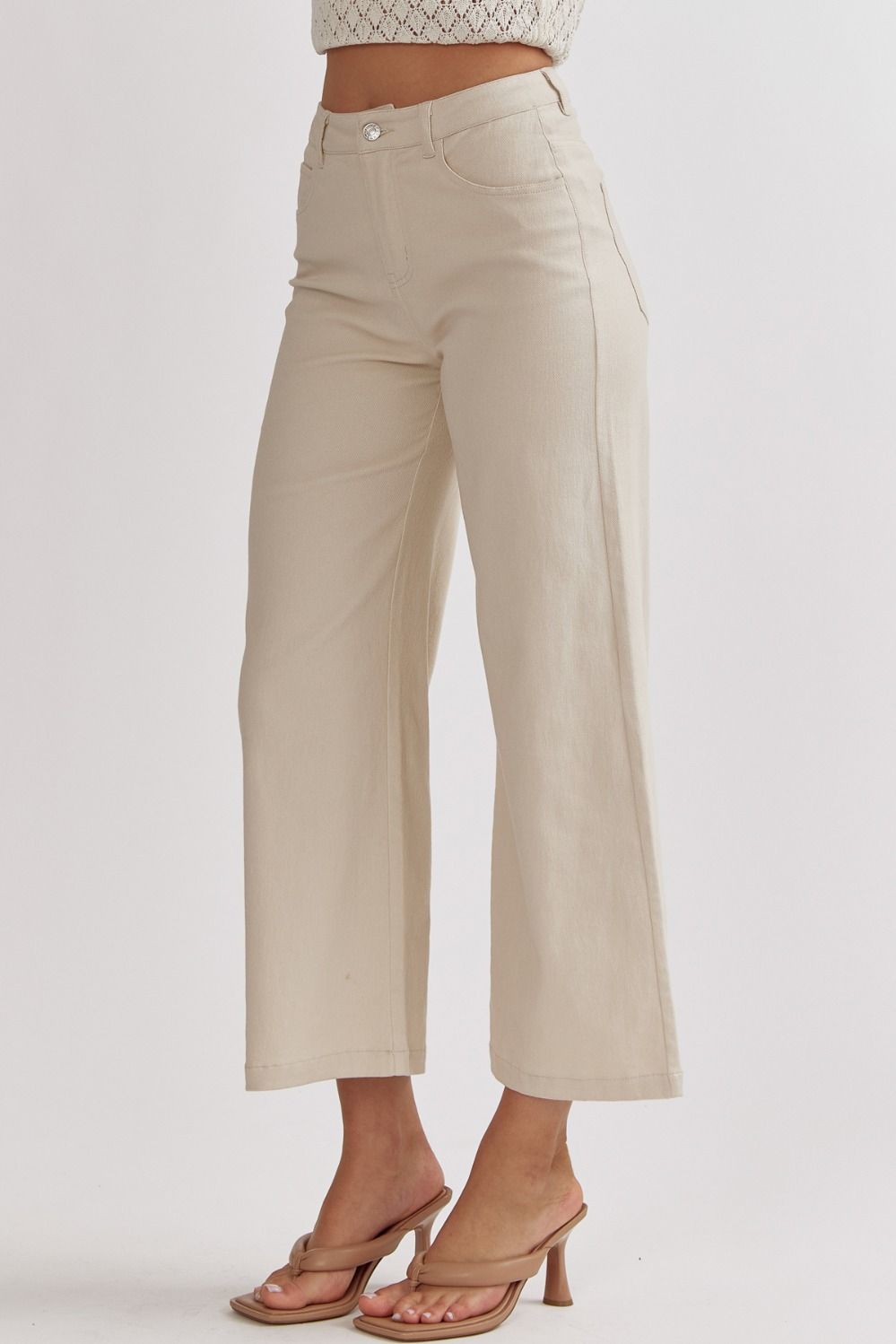 acid wash high waisted wide leg pants in sand-side view