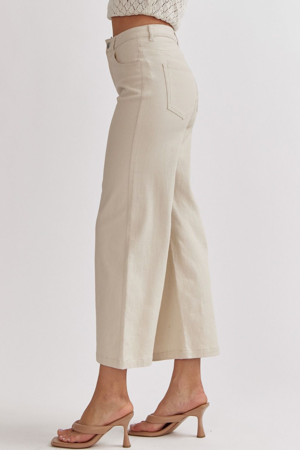 acid wash high waisted wide leg pants in sand-side view