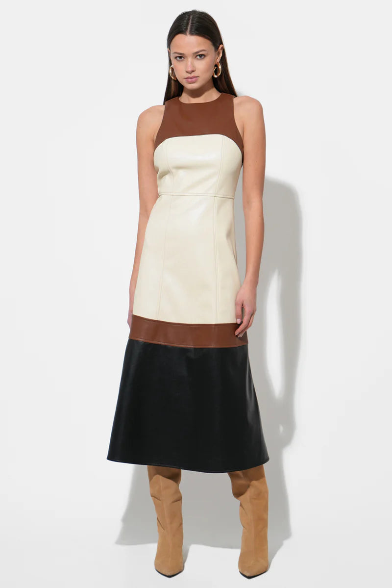 Adelyn Rae Caspia Vegan Leather Color Block Midi Dress