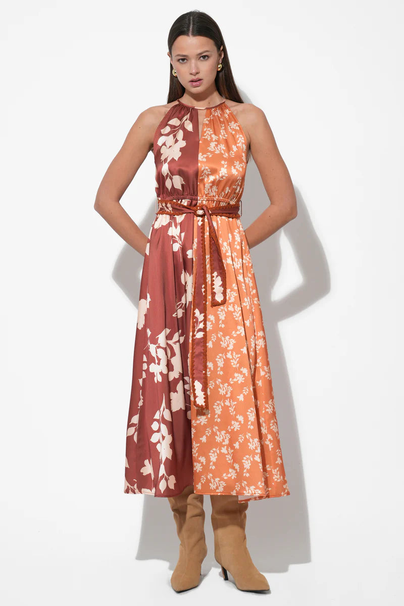 Adelyn Rae Sandi Two Toned Halter Midi Dress in marigold