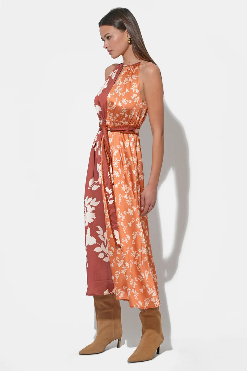 Adelyn Rae Sandi Two Toned Halter Midi Dress in marigold