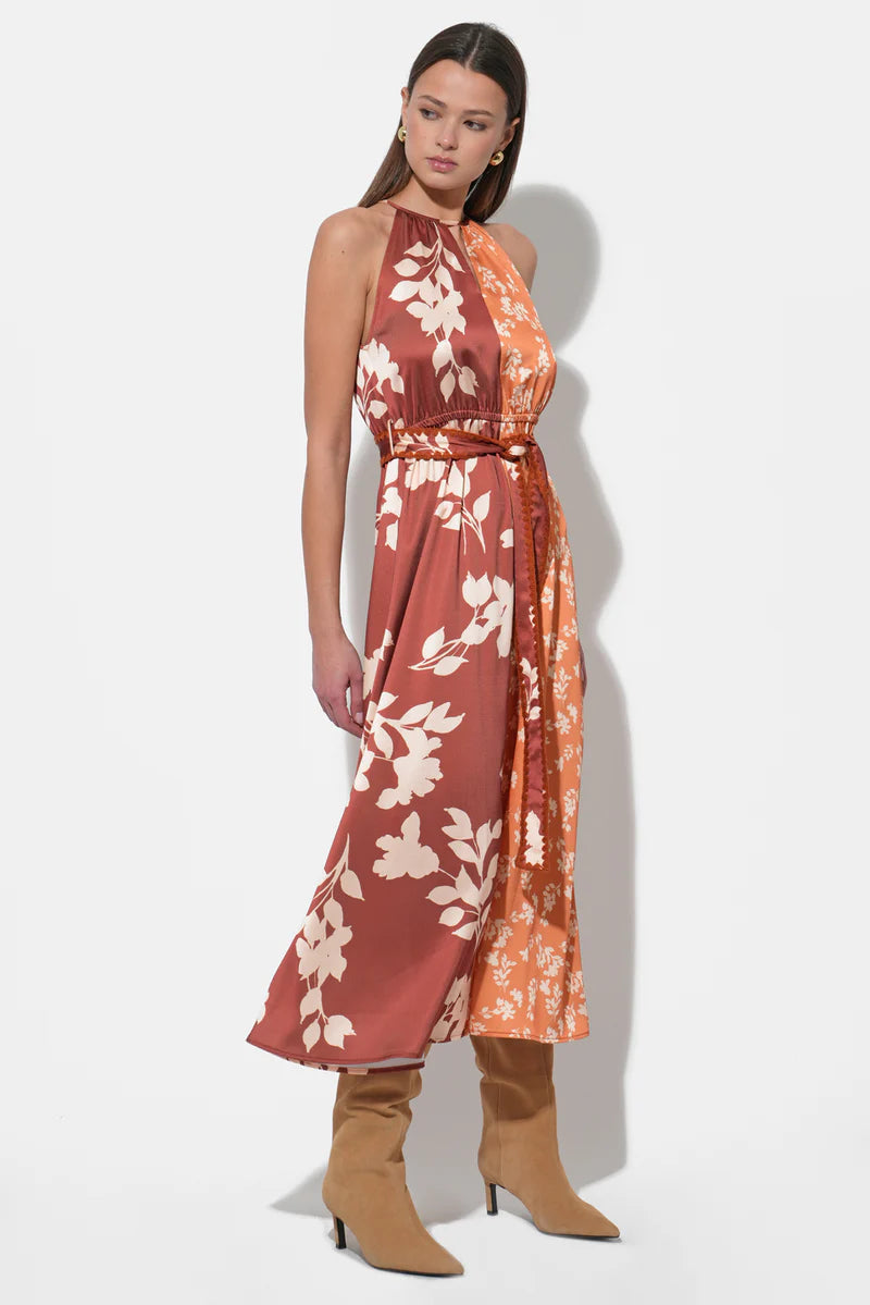 Adelyn Rae Sandi Two Toned Halter Midi Dress in marigold