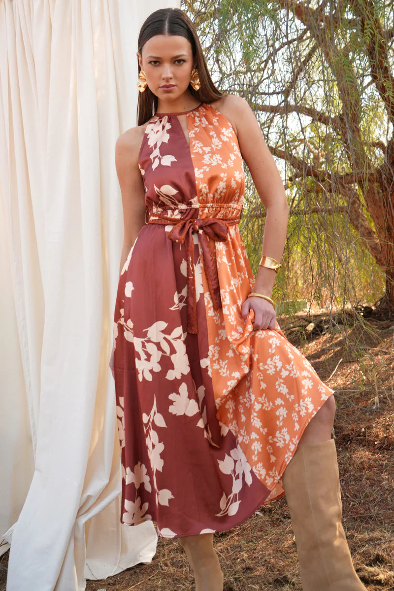 Adelyn Rae Sandi Two Toned Halter Midi Dress in marigold