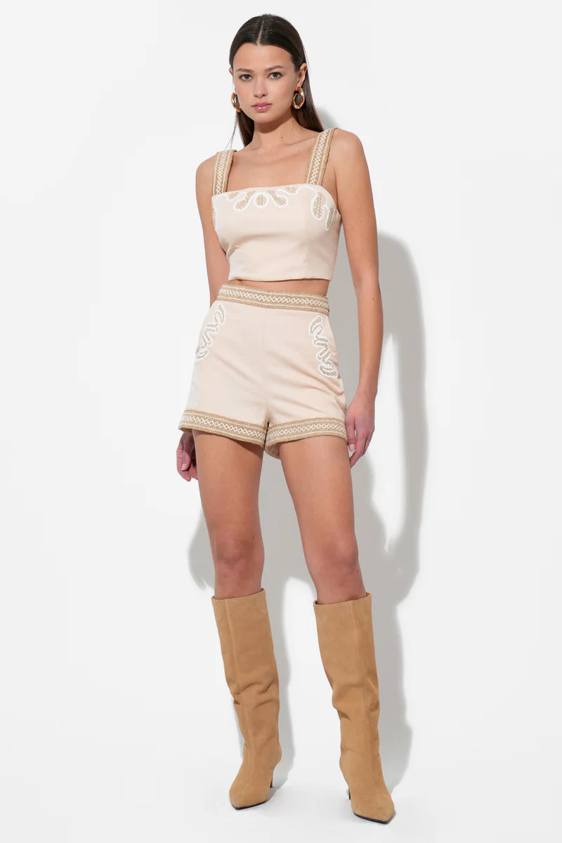 Adelyn Rae Traci Embroidered High Waist Shorts in natural