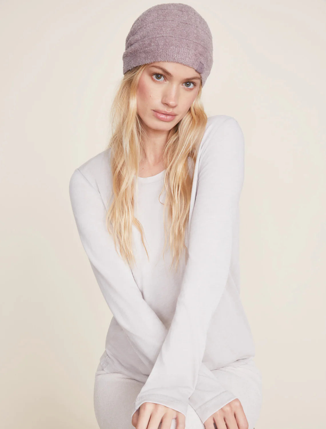 barefoot dreams cozychic lite pinched stripe beanie in deep taupe