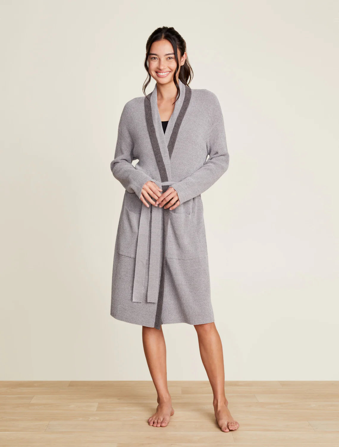 barefoot dreams cozychic ultra lite tipped short robe in dove gray mineral