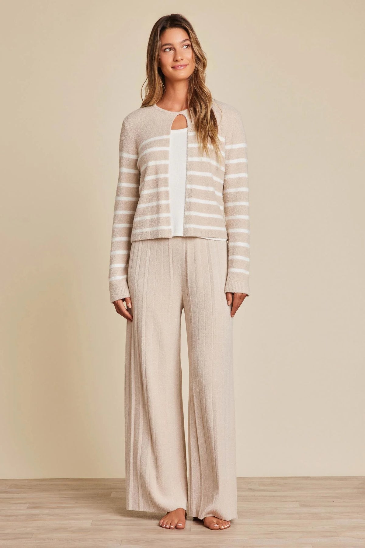 Barefoot Dreams CozyChic Lite® Striped Button Cardigan in stone pearl