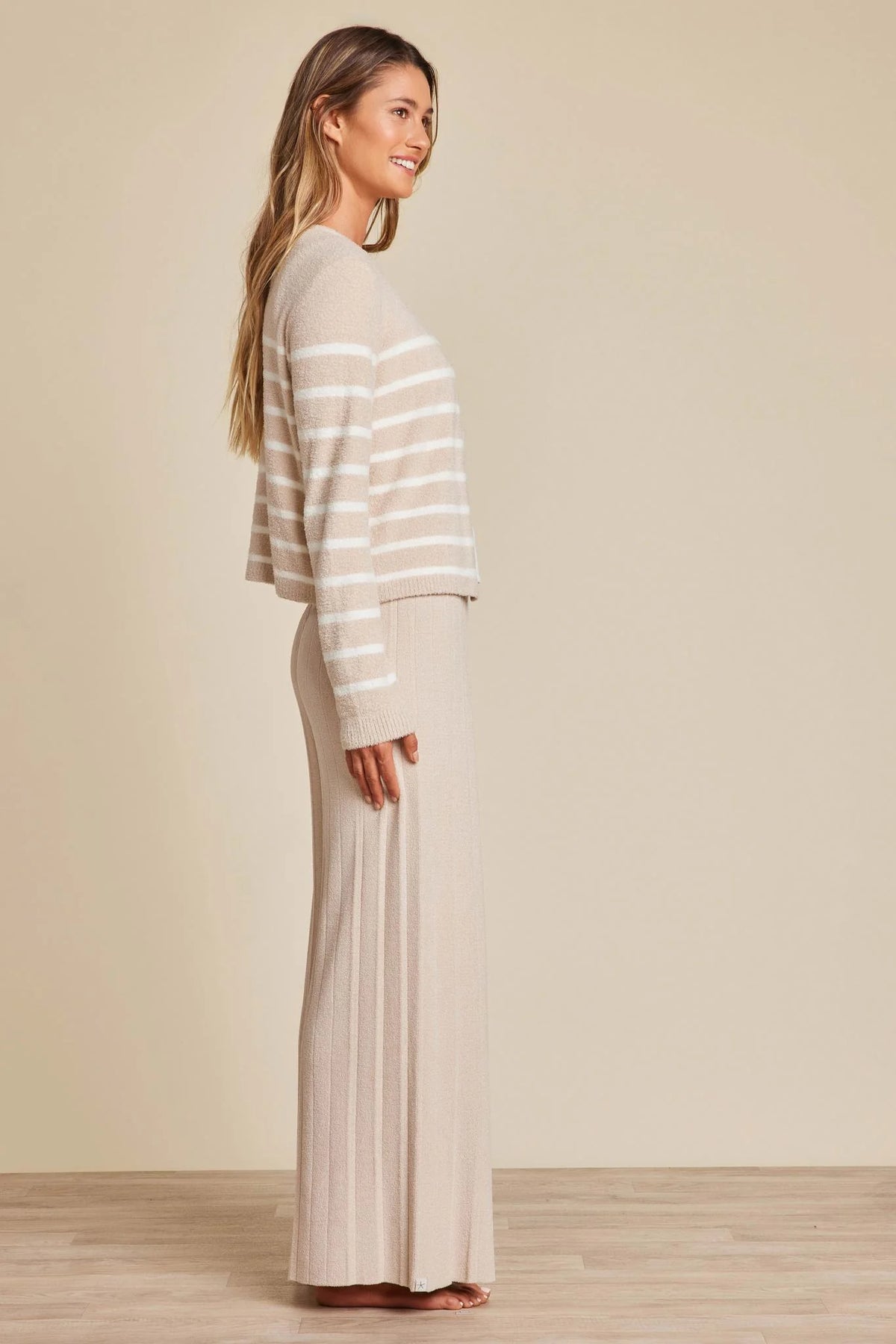 Barefoot Dreams CozyChic Lite® Striped Button Cardigan in stone pearl