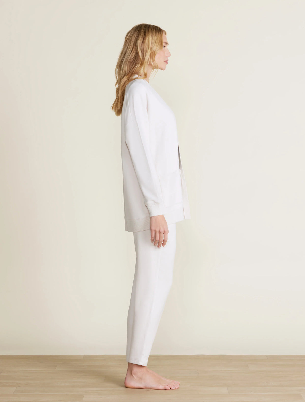 Barefoot Dreams Malibu Collection Brushed Fleece Cardigan in sand dune - side view