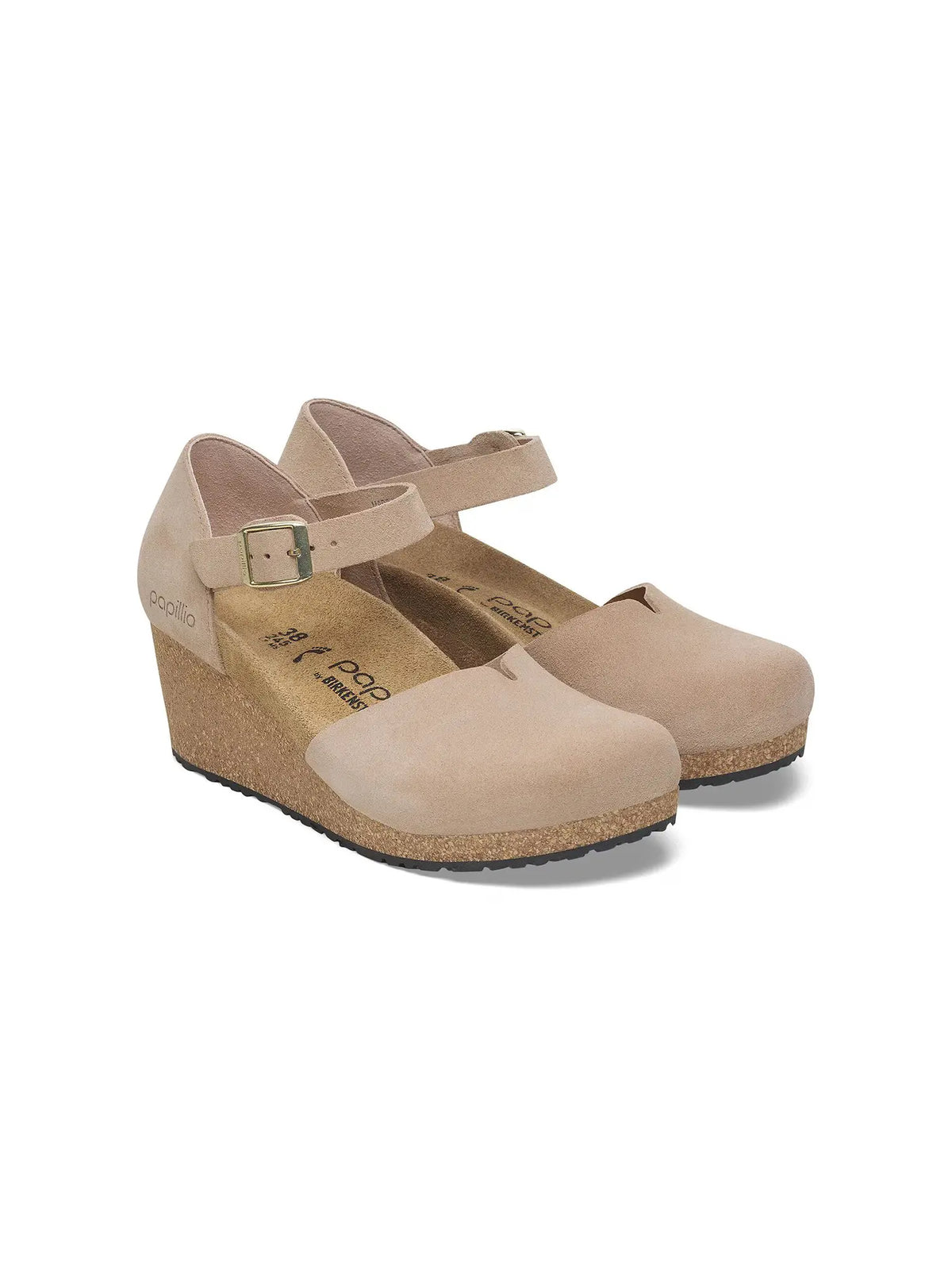 BIRKENSTOCK Mary Ankle Strap Wedge Sandal Suede Leather Warm Sand Narrow