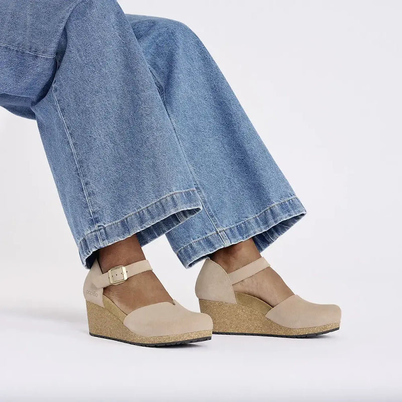 BIRKENSTOCK Mary Ankle Strap Wedge Sandal Suede Leather Warm Sand Narrow