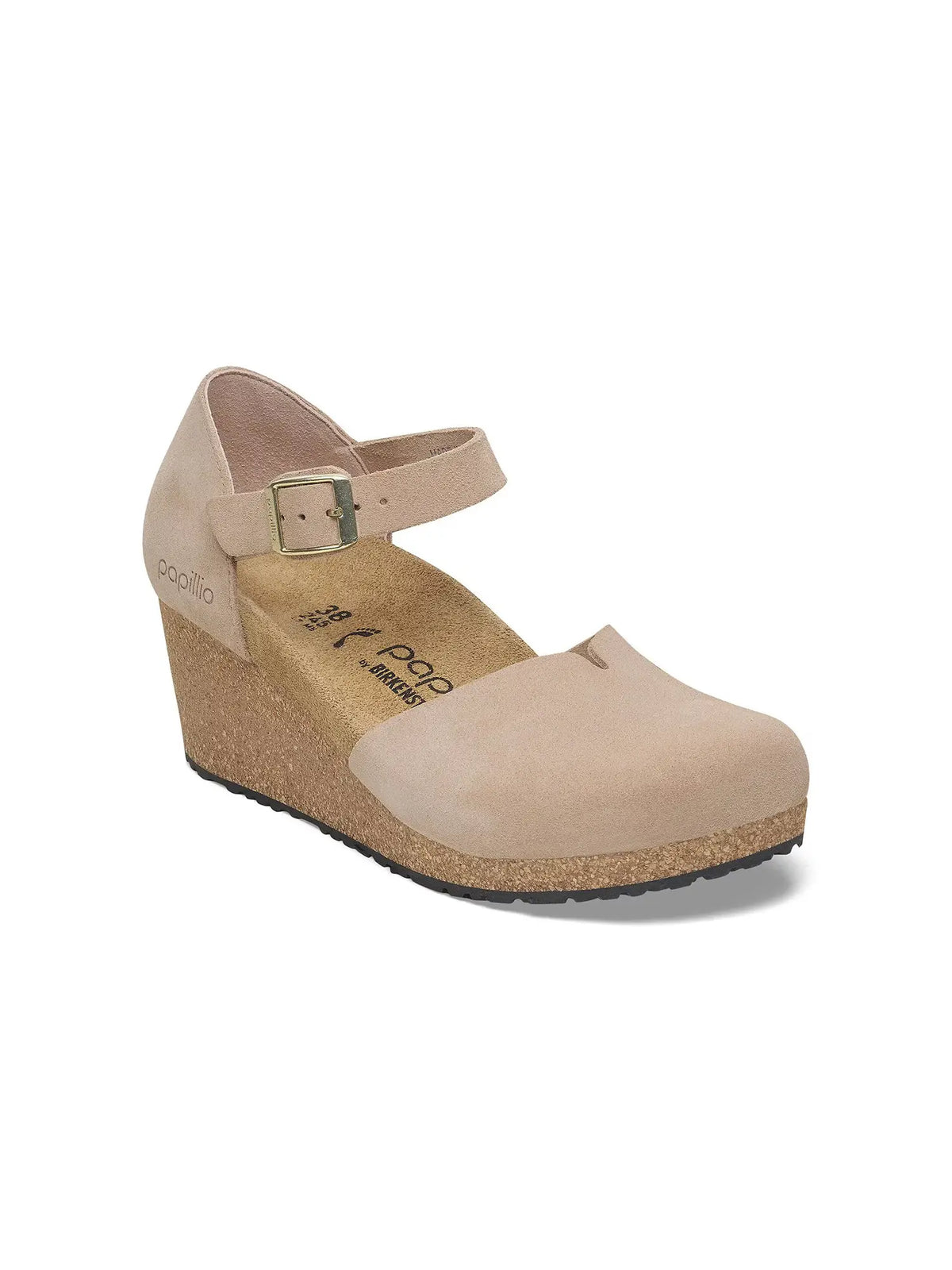 BIRKENSTOCK Mary Ankle Strap Wedge Sandal Suede Leather Warm Sand Narrow