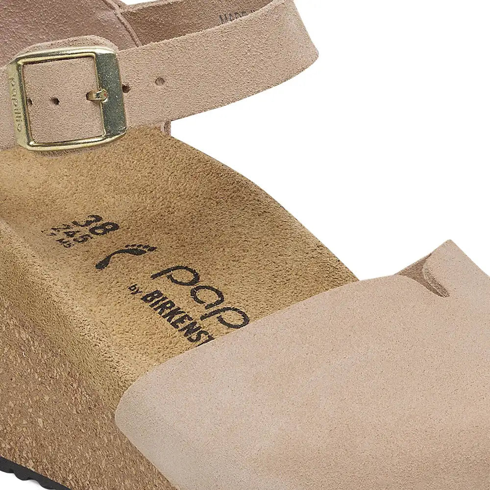 BIRKENSTOCK Mary Ankle Strap Wedge Sandal Suede Leather Warm Sand Narrow