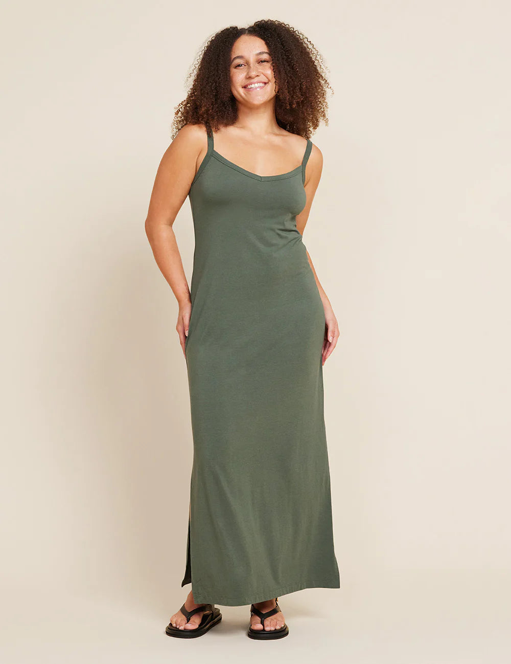 boody v neck slip dress in moss  front view
