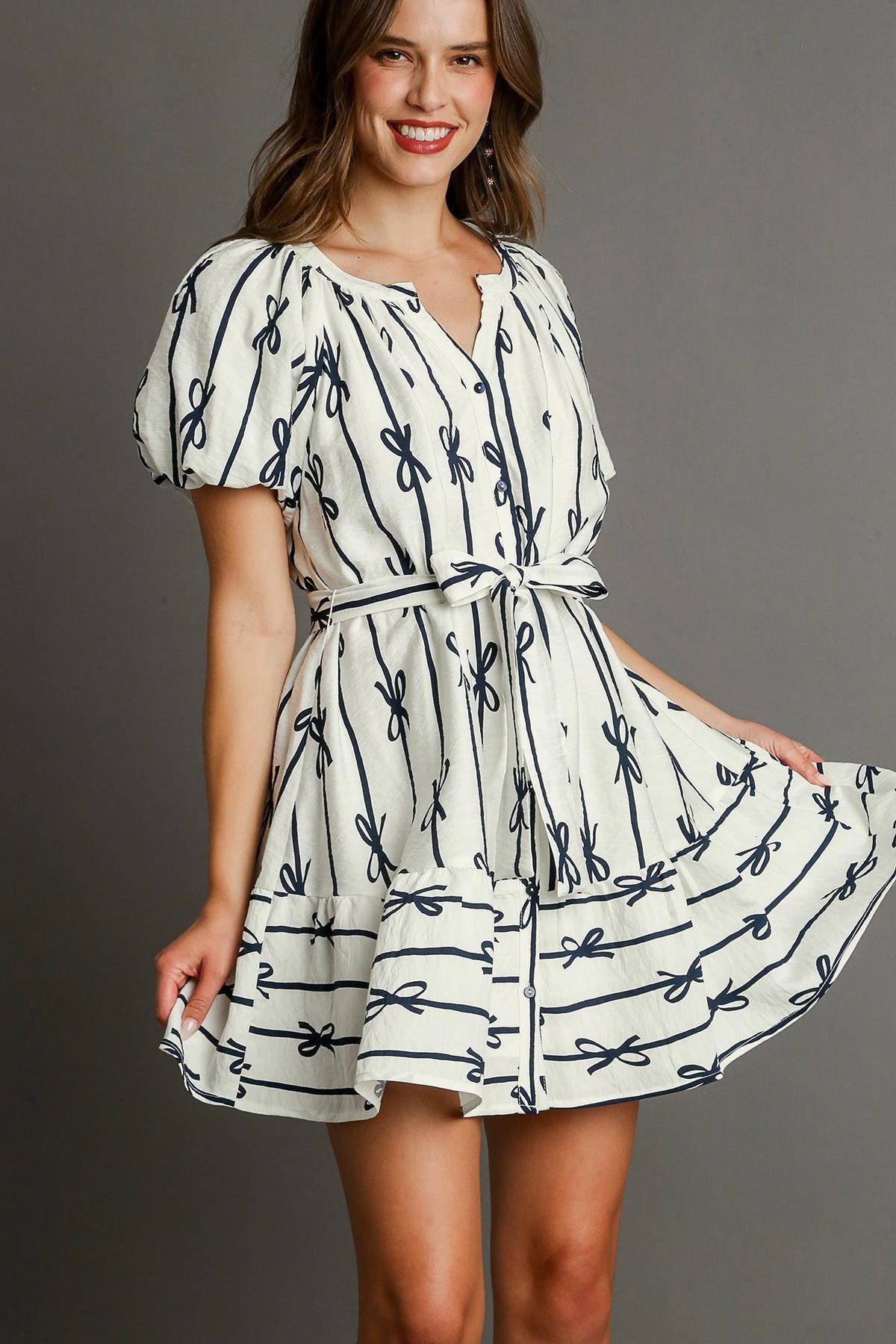 bow print flutter button down dress in off white navy-front