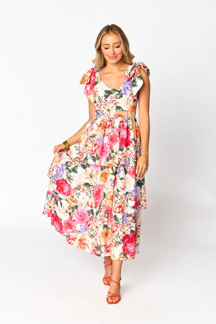 buddylove drew tiered midi dress in love story print-front view
