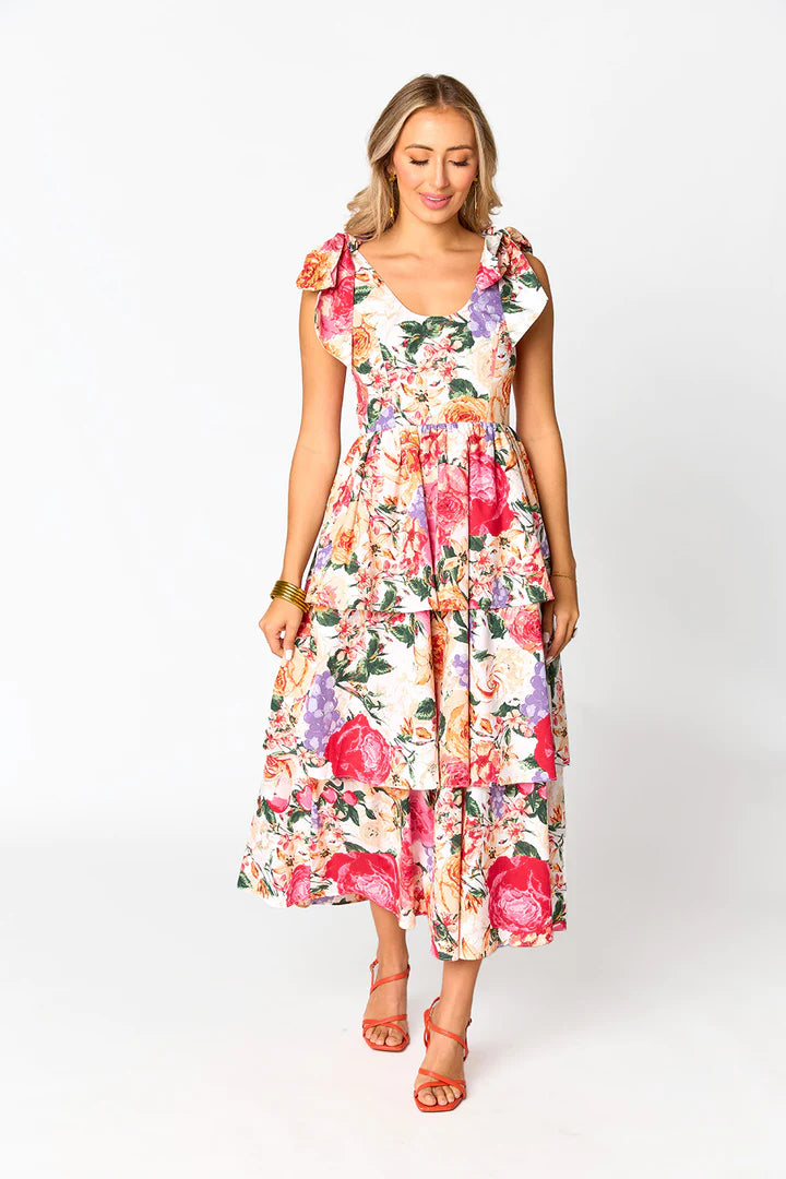 buddylove drew tiered midi dress in love story print-front view