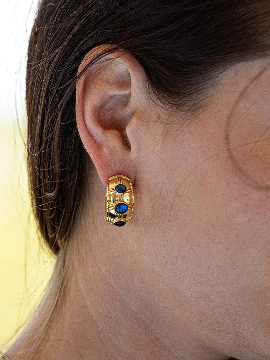 capucine de wulf cleopatra bold hoop earrings in gold blue labradorite-model view