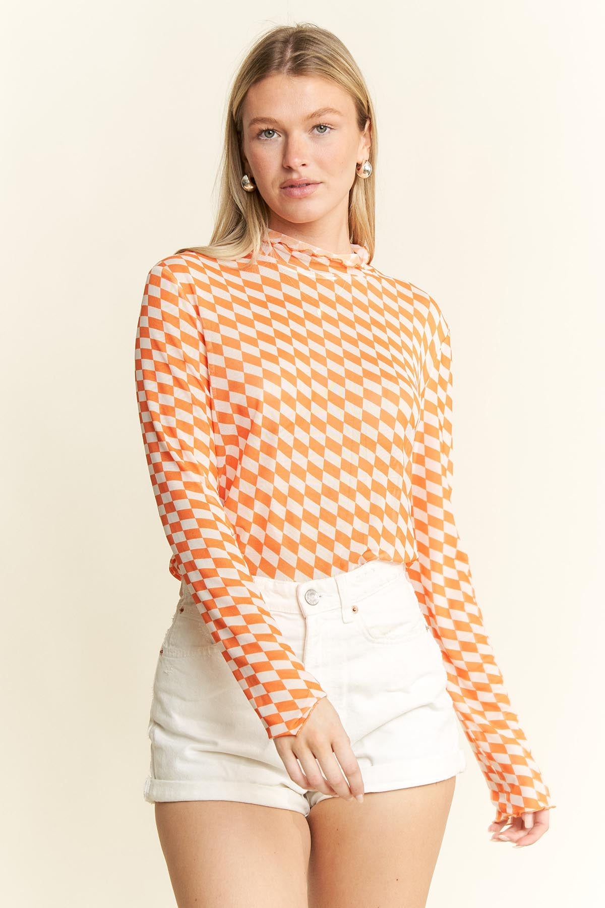 Orange & White Checkered Mesh Mock Neck Top Tennessee Volunteers Game Day
