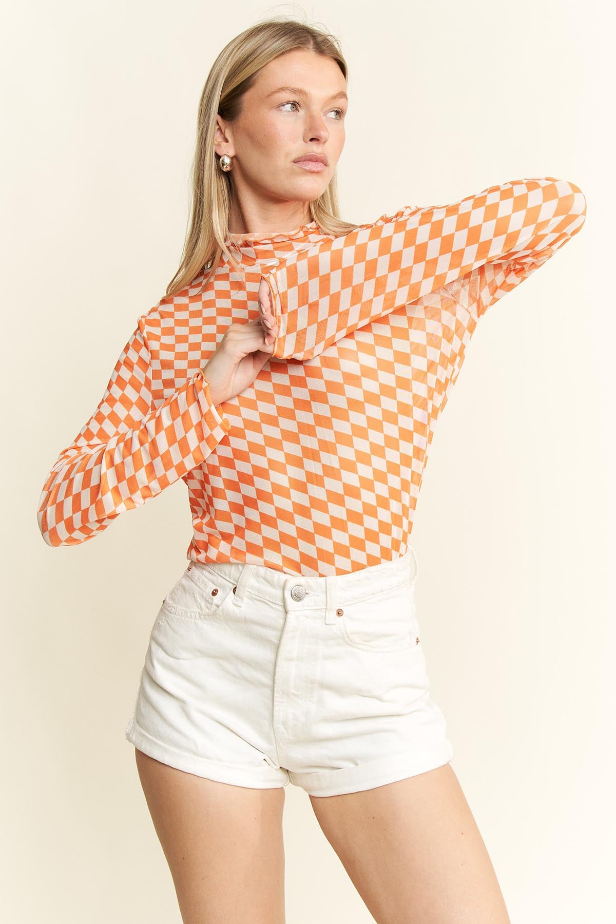 Orange & White Checkered Mesh Mock Neck Top Tennessee Volunteers Game Day
