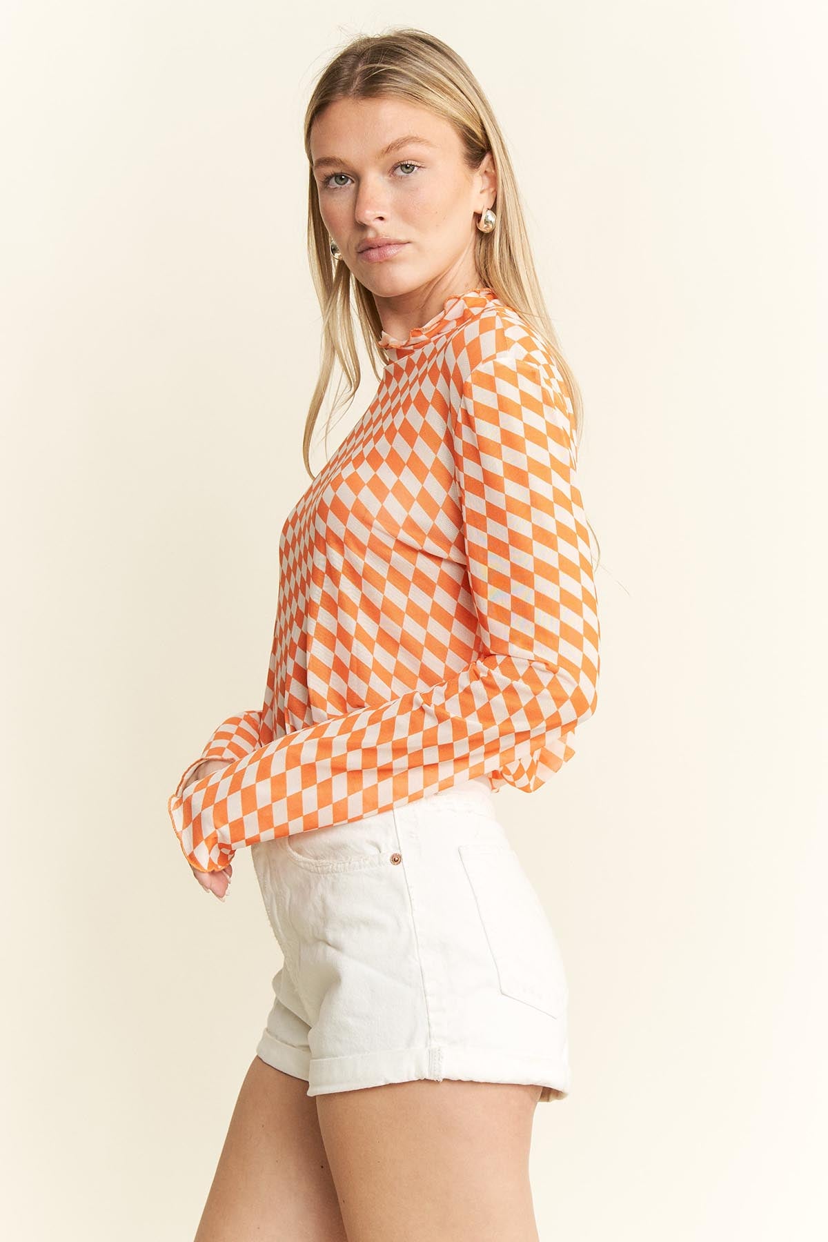 Orange & White Checkered Mesh Mock Neck Top Tennessee Volunteers Game Day