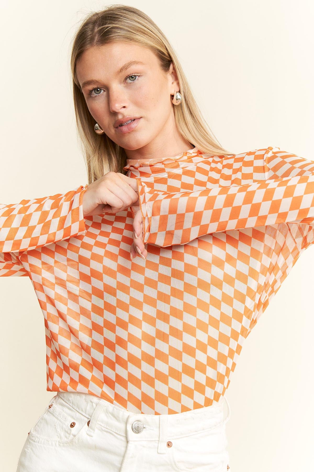 Orange & White Checkered Mesh Mock Neck Top Tennessee Volunteers Game Day