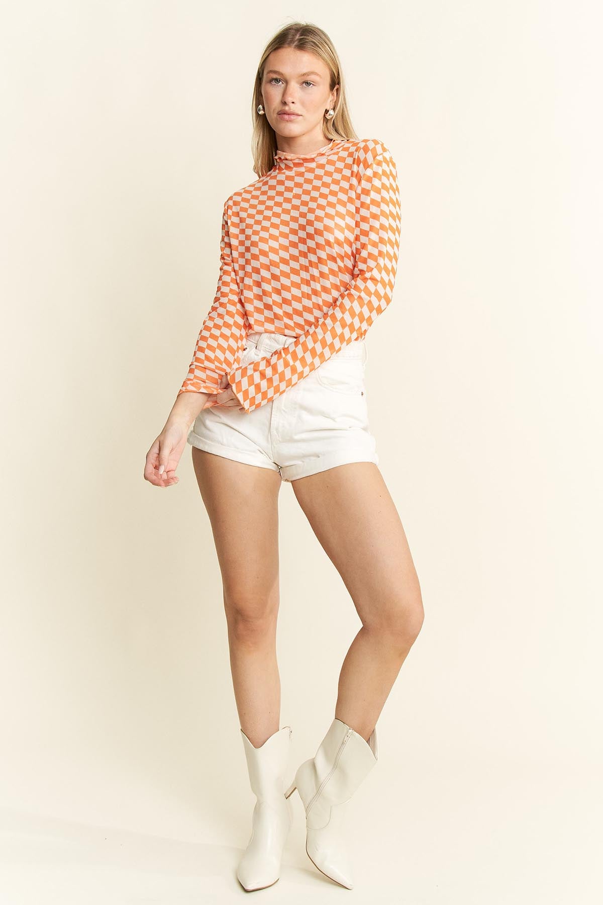 Orange & White Checkered Mesh Mock Neck Top Tennessee Volunteers Game Day