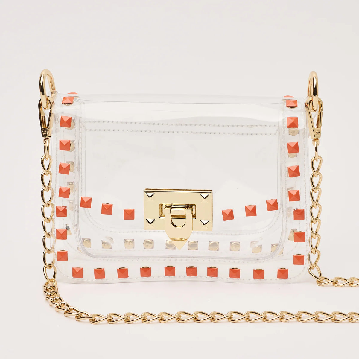 Clearly Handbags The Jackie Clear Crossbody Bag Gold Orange Stud Stadium Approved Bag