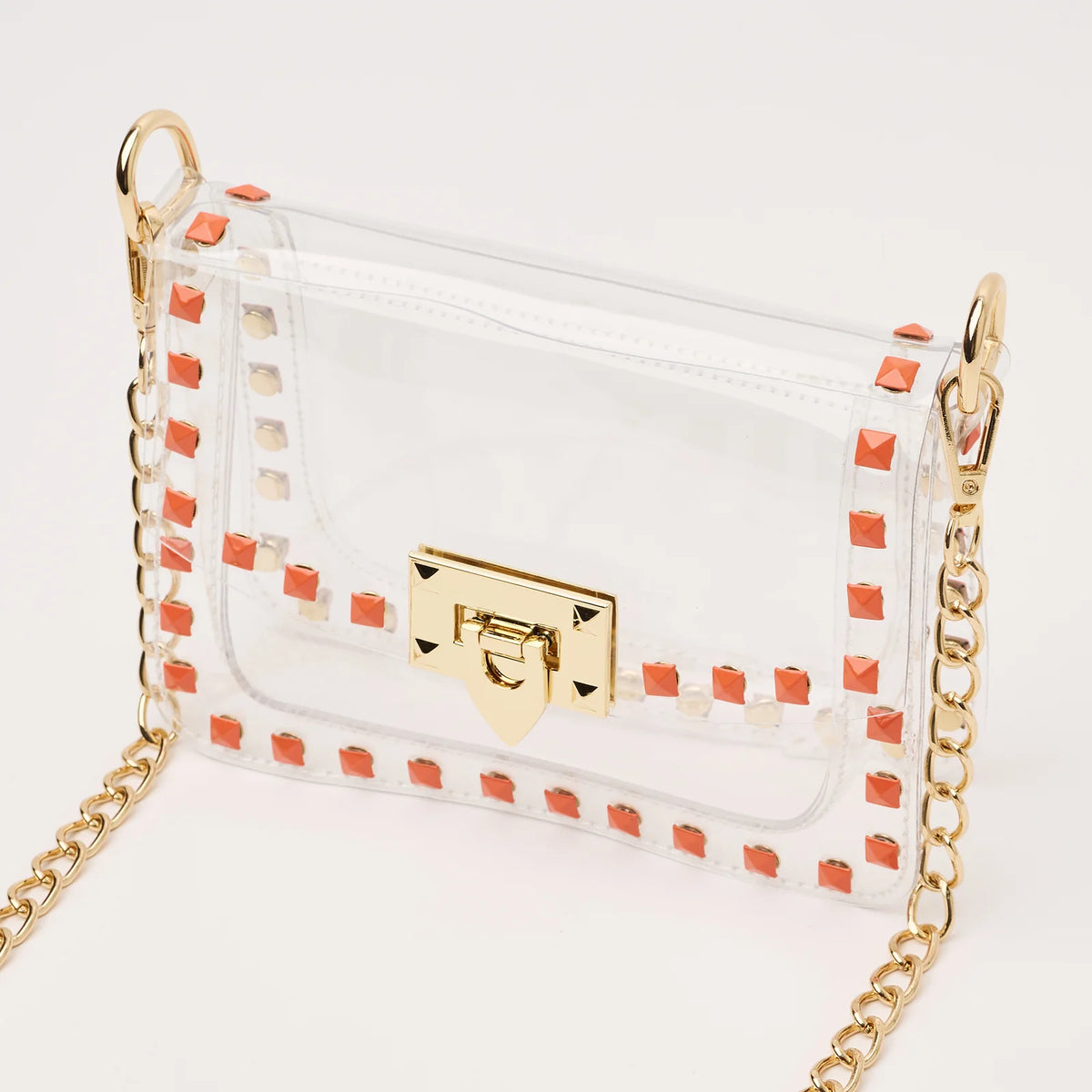 Clearly Handbags The Jackie Clear Crossbody Bag Gold Orange Stud Stadium Approved Bag