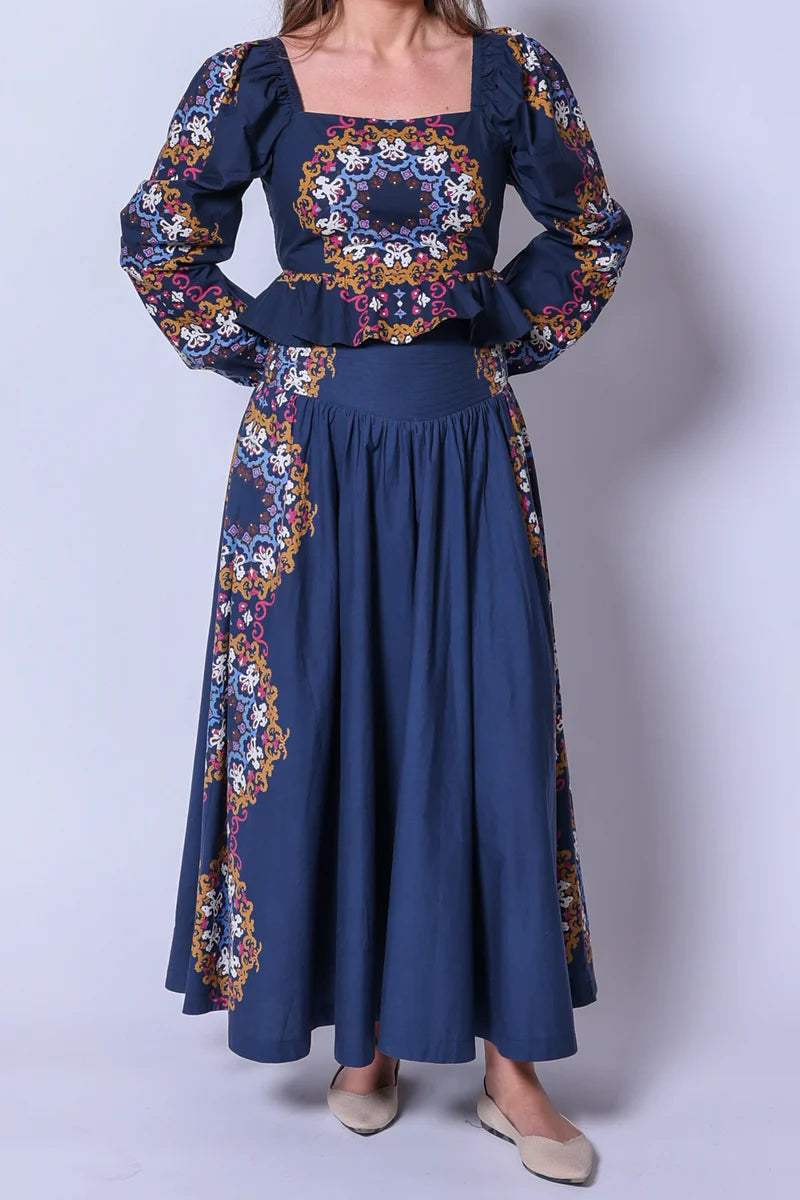 Cleobella Esmeralda Print Ankle Skirt in venezia blue