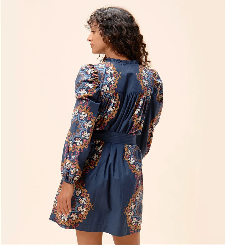 Cleobella Ivana Print Sash Mini Dress in venezia blue