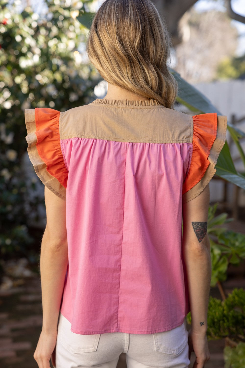 color block multi stitched placket poplin top in pink-back